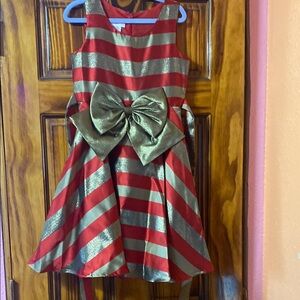 Red and Gold Striped Formal Dress with Bow
